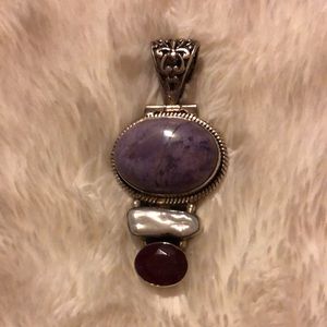 Sterling silver pearl and ruby pendant